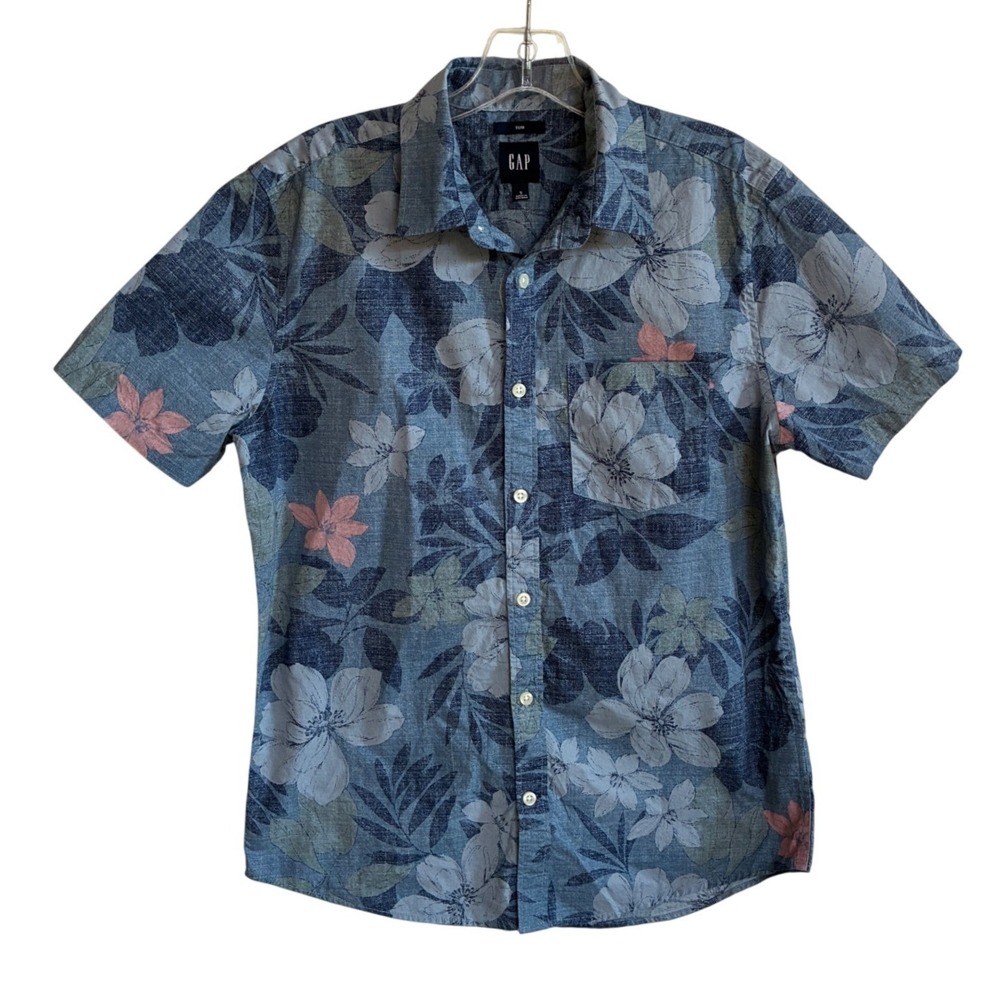 GAP Mens Slim Fit Short Sleeve Floral Button Down Shirt Blue Tropical Small